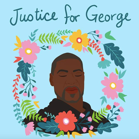 Illustration of the late George Floyd, surrounded with flowers